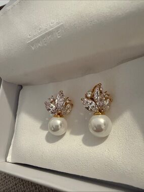 Amélie George - Gold Pearl Drop Earrings with Crystal Accents